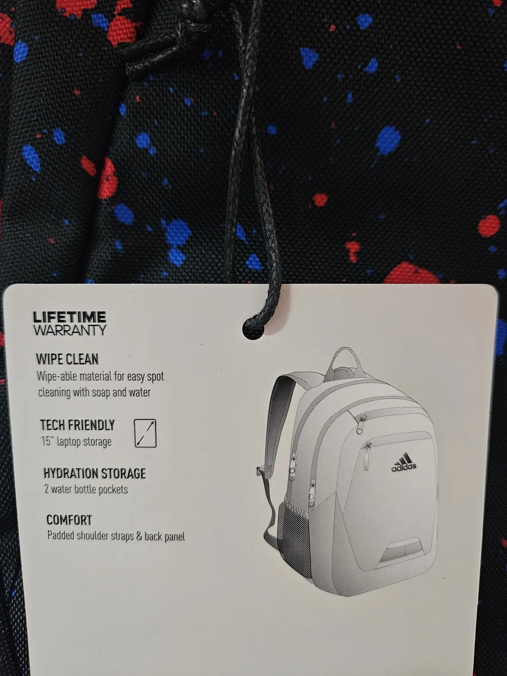 Adidas Black Backpack with Red & Blue Splatter Accents New With Bag